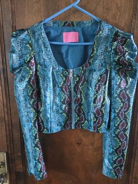 Blue Snakeskin Zip-Front Leather Jacket